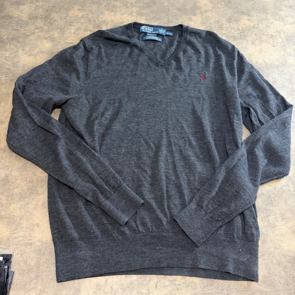 Polo Ralph Lauren‎ Sweater Mens XL Grey 100% Merino Wool V-Neck Custom Slim Fit